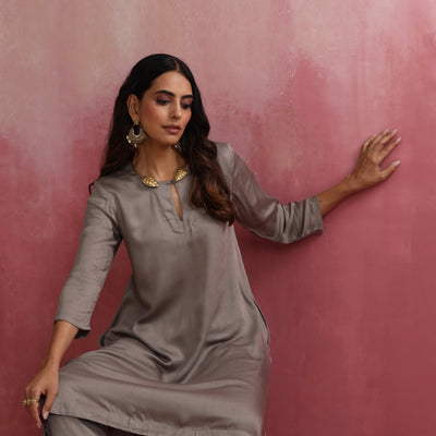 trueBrowns Grey High low Kurta Set