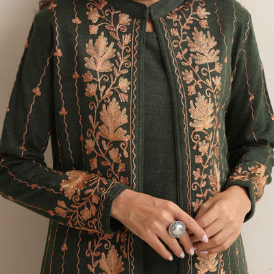 trueBrowns Green Kashmiri Woollen Jacket 3pc Set