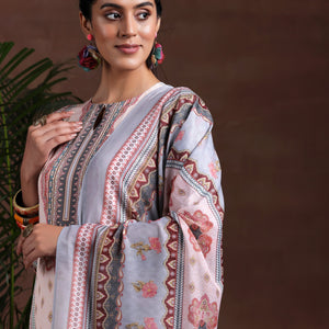 Grey Printed Poly Crepe Straight Suit With Dupatta