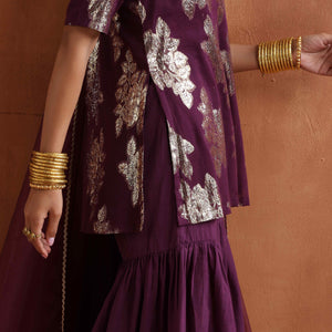 trueBrowns Purple Metallic Sharara Dupatta Set