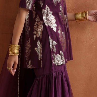 trueBrowns Purple Metallic Sharara Dupatta Set