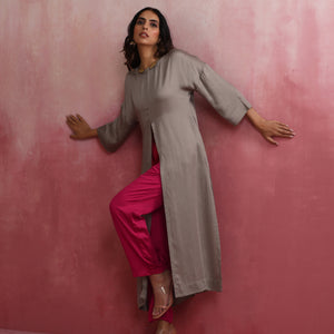 trueBrowns Grey High Slit Modal Kurta Set