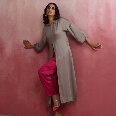 trueBrowns Grey High Slit Modal Kurta Set