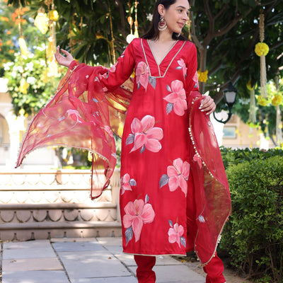 Raspberry Blush Red Handpainted Satin Suit Set
