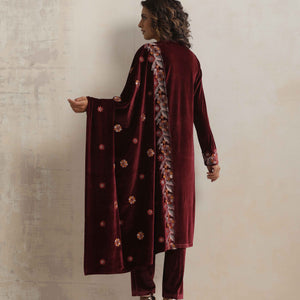 trueBrowns Maroon Velvet Floral Embroidered Kurta Pant Dupatta Set