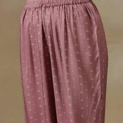 Dark Mauve Bandhani Printed Silk Front Slit Kurta Pant Set | Relove
