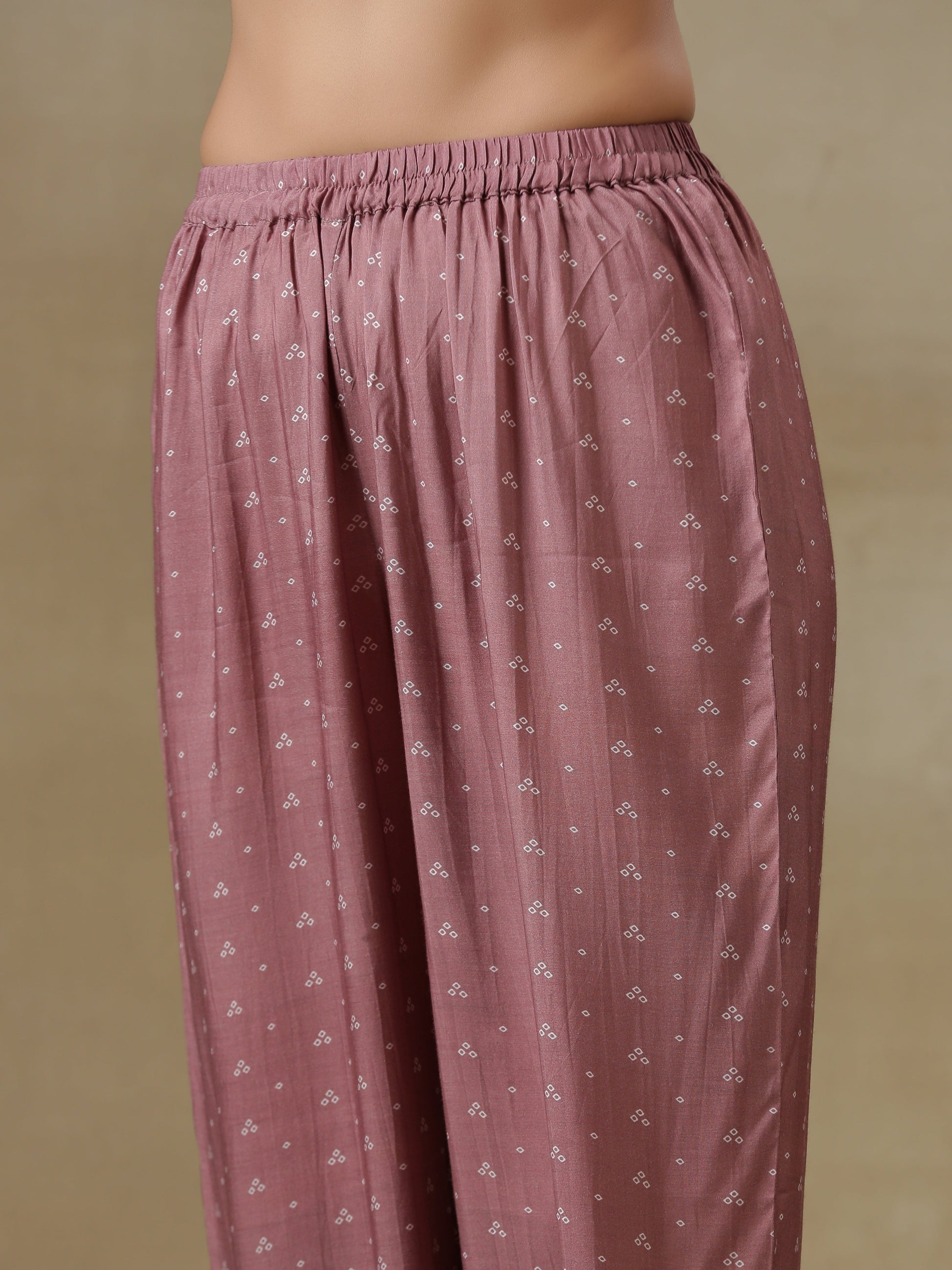 Dark Mauve Bandhani Printed Silk Front Slit Kurta Pant Set | Relove