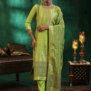 Green Woven Design Silk Blend Straight Suit With Dupatta