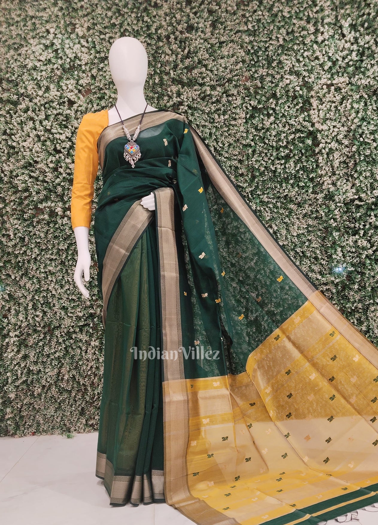 Green Yellow Pure Silk Cotton Maheshwari Saree with Zari Border