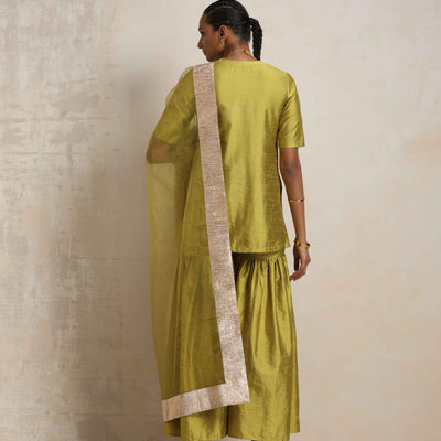 trueBrowns Green Silk Sharara Dupatta Set