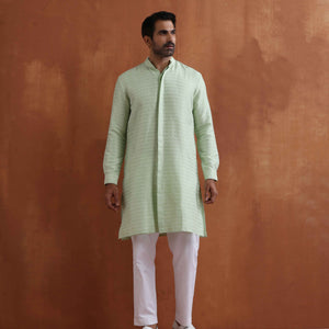 trueBrowns Men's Green Sequin Chanderi Kurta