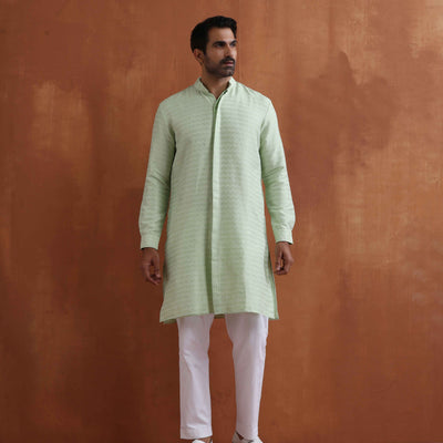 trueBrowns Men's Green Sequin Chanderi Kurta