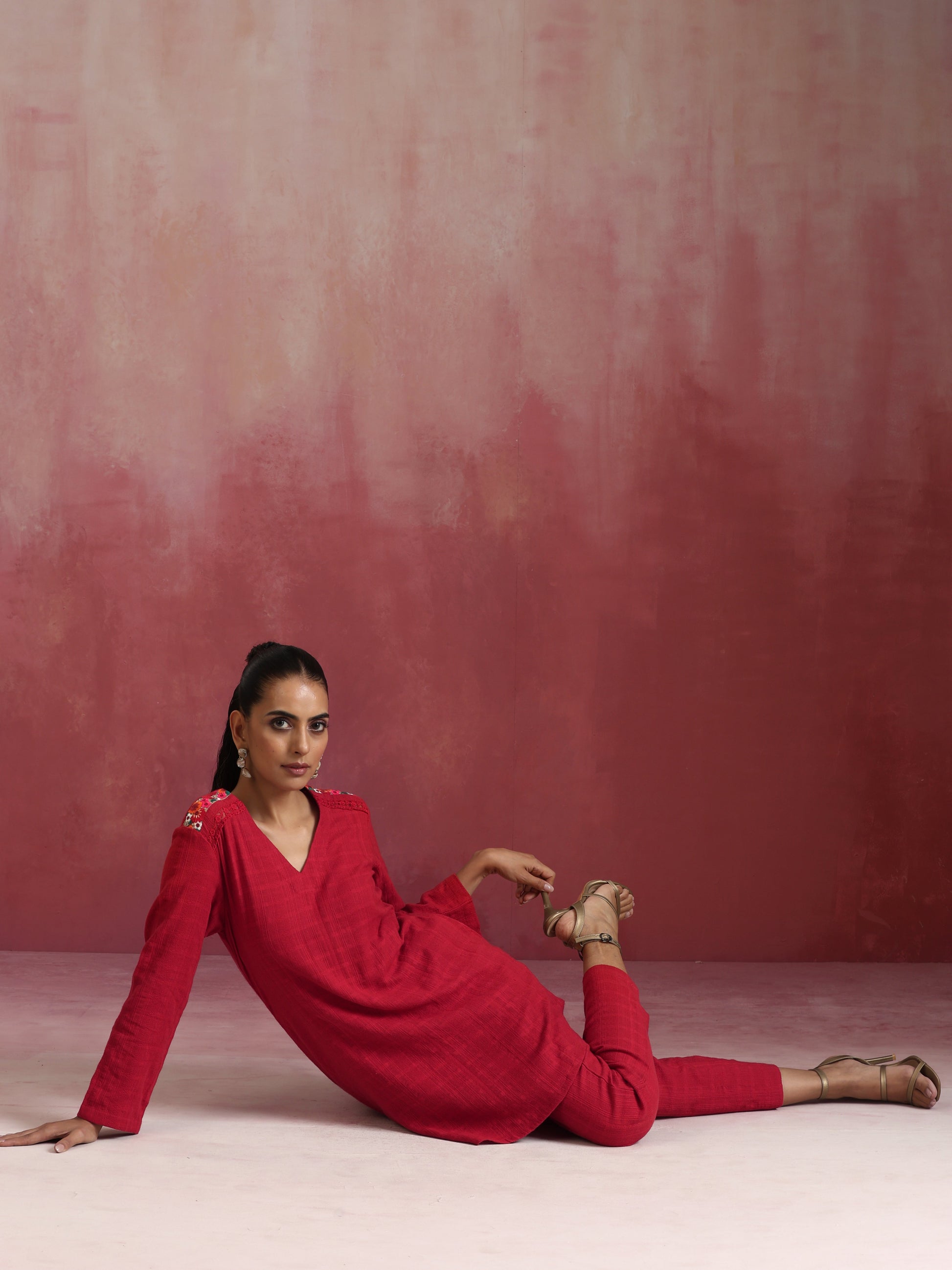 trueBrowns Red Cotton Dobby Co-ord set