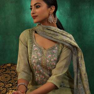 Green Yoke Design Silk Blend Straight Suit With Dupatta