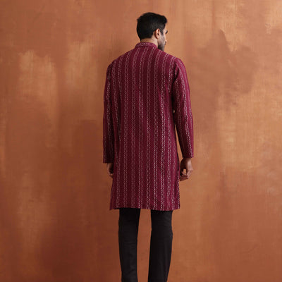 trueBrowns Men's Dark Purple Cotton Dobby Kurta