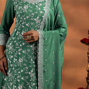 Green Embroidered Silk Blend Straight Suit With Dupatta