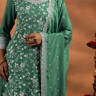 Green Embroidered Silk Blend Straight Suit With Dupatta