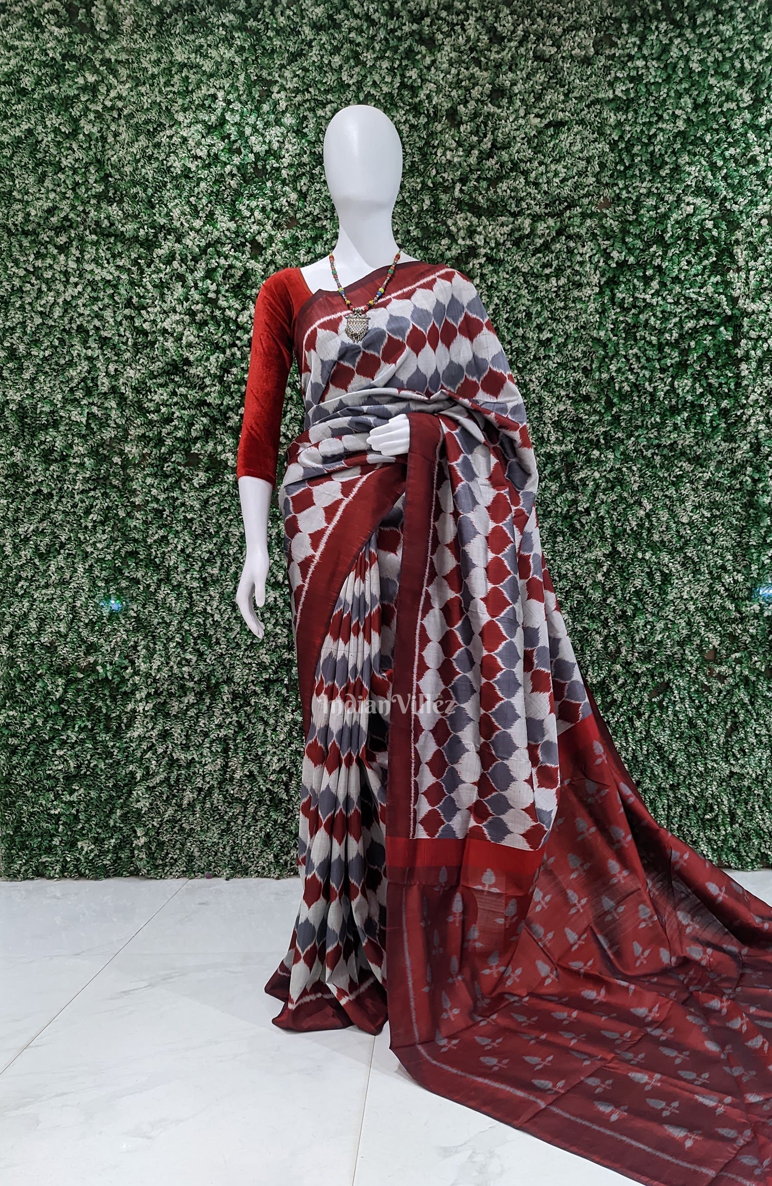 Maroon Grey Odisha Ikat Contemporary Silk Saree