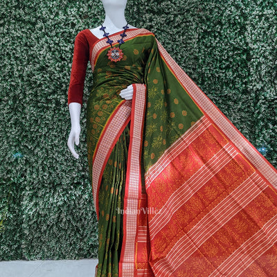 Mehendi Green Red Floral Motif Odisha Handloom Sambalpuri Silk Saree