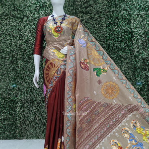 Beige Cream Maroon Nataki Konark Temple Hand-Painted Pattachitra Saree