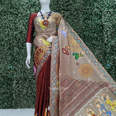Beige Cream Maroon Nataki Konark Temple Hand-Painted Pattachitra Saree