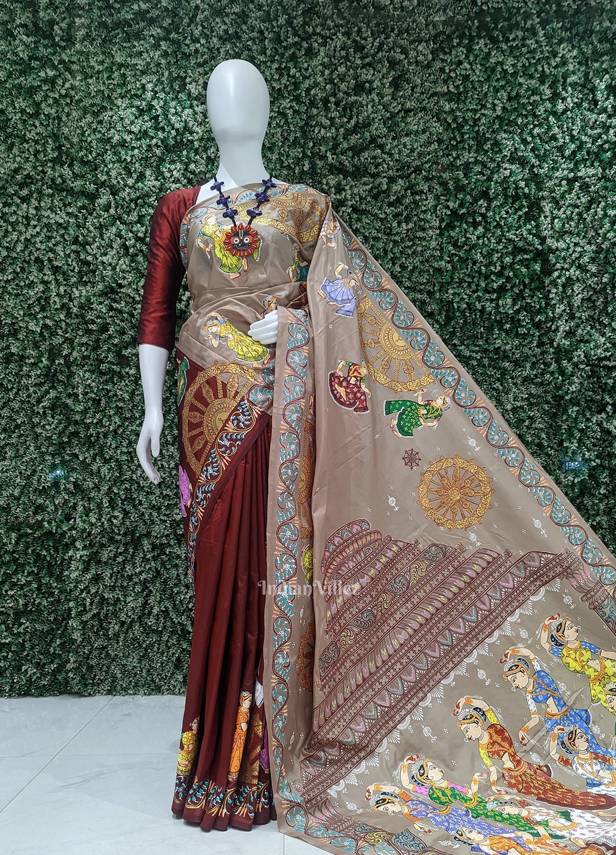 Beige Cream Maroon Nataki Konark Temple Hand-Painted Pattachitra Saree