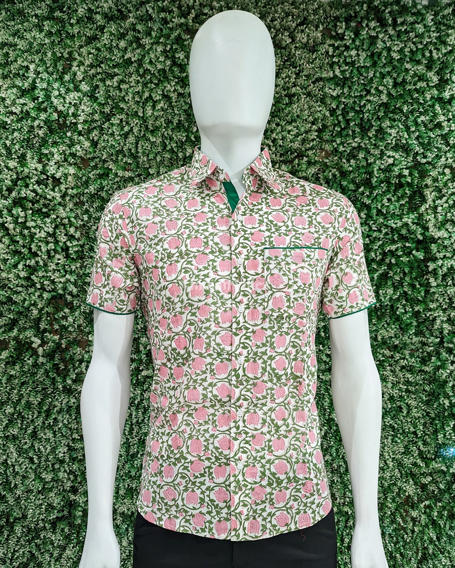 Pink Lotus Flower Design Block Printed Half Sleeve Shirt for Men