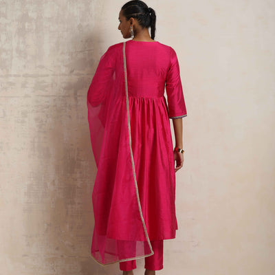 trueBrowns Pink Silk Anarkali Kurta Pant Dupatta Set