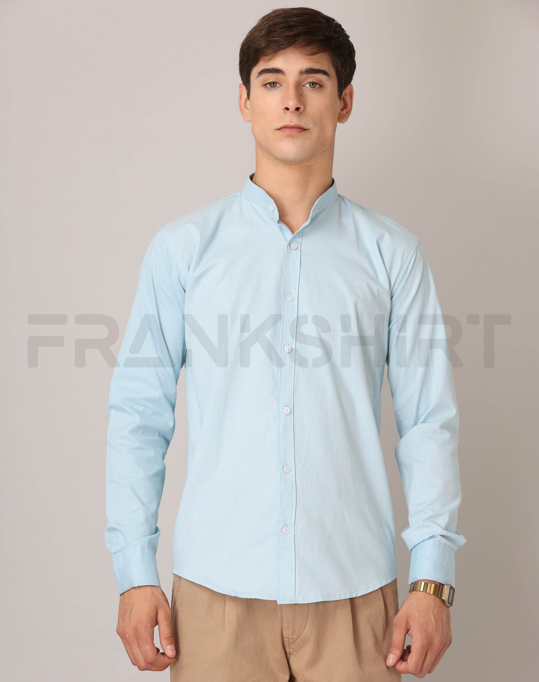 Frankshirt Chinese Collar Light Blue Tailored Fit Cotton Casual Shirt for Man