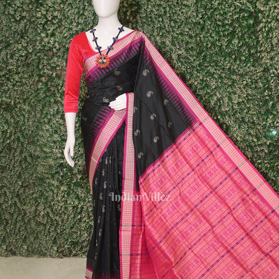 Dark Black Rani Pink Mango with Butta Design Bomkai Sambalpuri Silk Saree