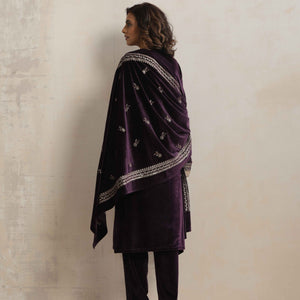 trueBrowns Wine Velvet Floral Embroidered Kurta Pant Dupatta Set