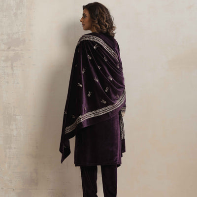 trueBrowns Wine Velvet Floral Embroidered Kurta Pant Dupatta Set