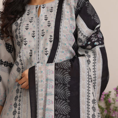 Grey Printed Silk Blend Straight Suit With Dupatta
