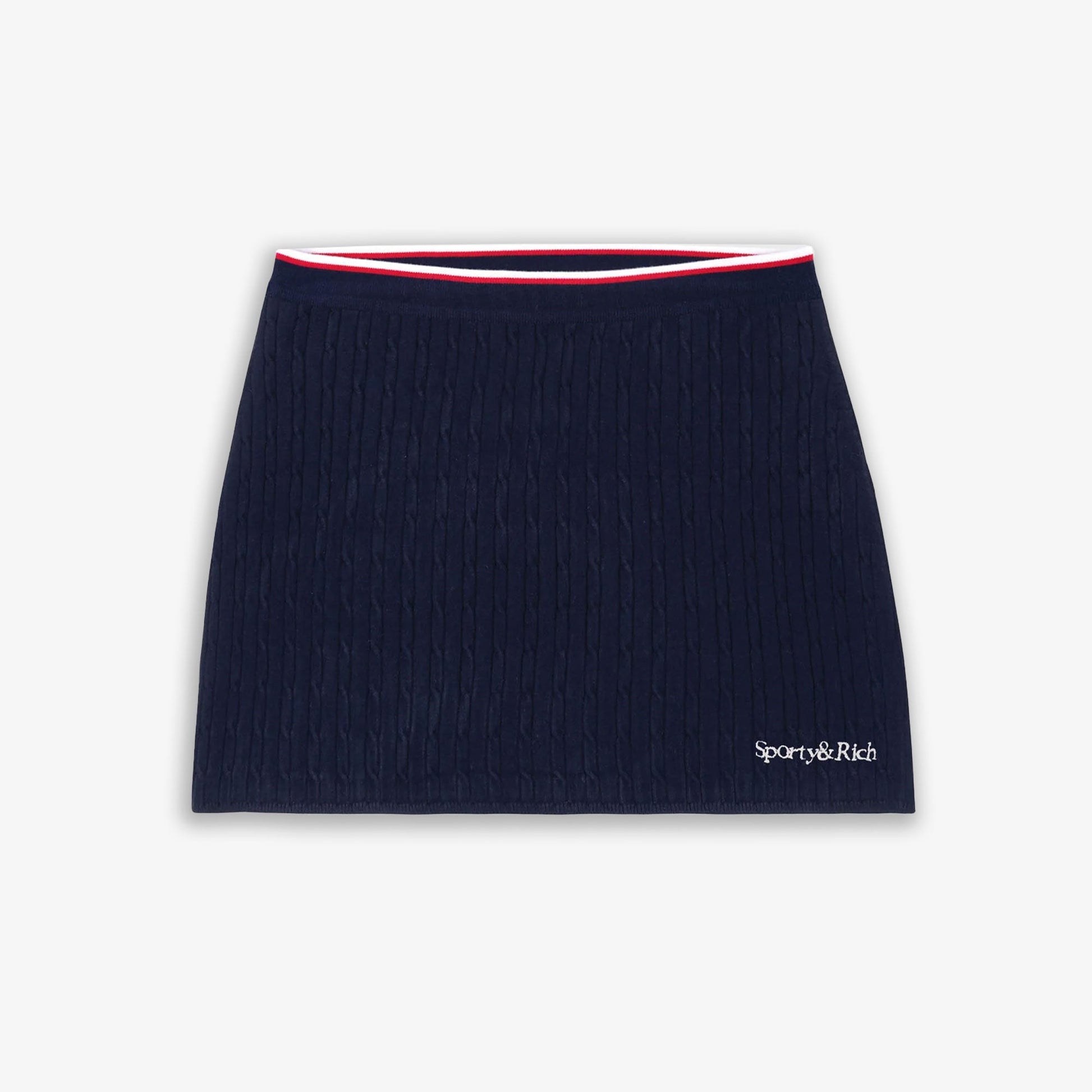 SPORTY & RICH | SERIF LOGO MINI CABLE SKIRT { NAVY
