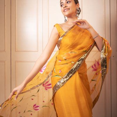 Surya Handpainted Gota Pure Organza Saree