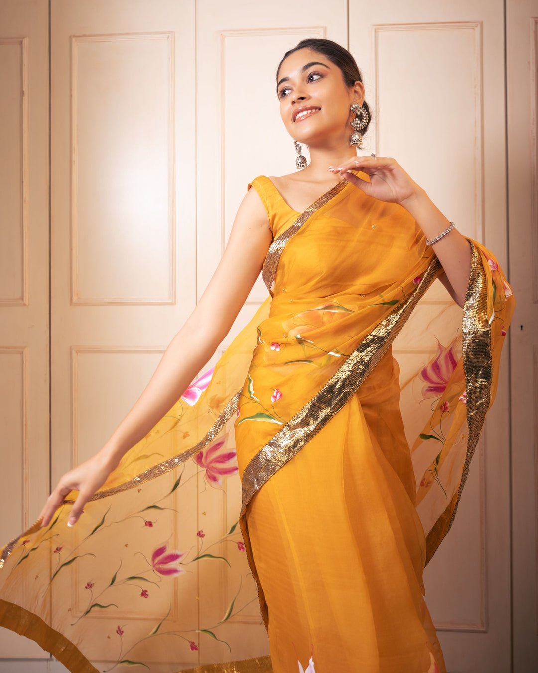 Surya Handpainted Gota Pure Organza Saree