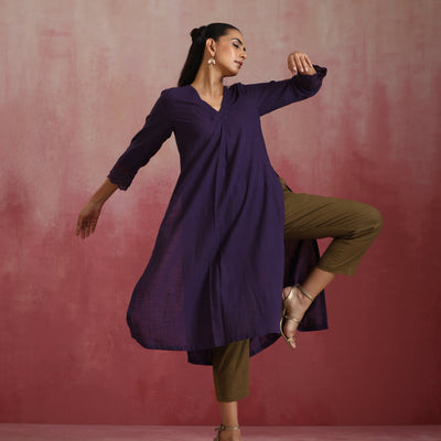 trueBrowns Purple Cotton Dobby Kurta Set