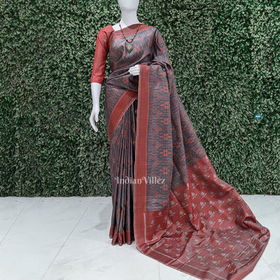 Ash Red Floral Theme Odisha Ikat Contemporary Silk Saree