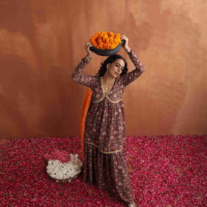 trueBrowns Brown Print Sharara Set