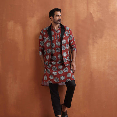 trueBrowns Men's Rust Printed Nehru Jacket