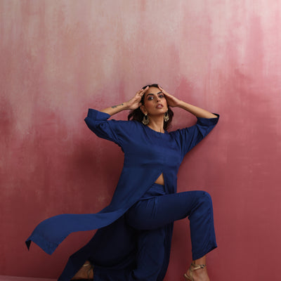 trueBrowns Blue Modal Front Slit Kurta set
