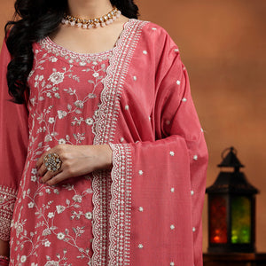 Coral Embroidered Silk Blend Straight Suit With Dupatta