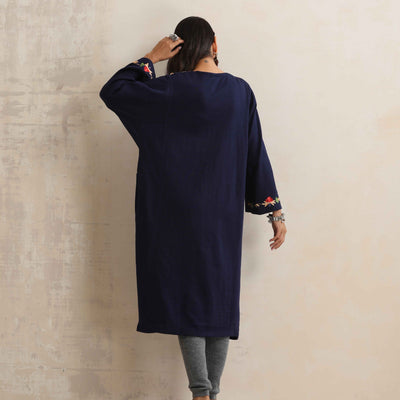 trueBrowns Blue Kashmiri Embroidered Woollen Phiran Kurta