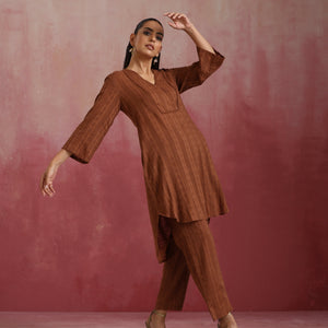 trueBrowns Brown Cotton Dobby Kurta Co-ord set