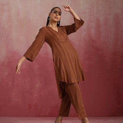 trueBrowns Brown Cotton Dobby Kurta Co-ord set