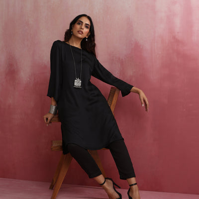 trueBrowns Black Modal Round Neck Kurta Co-ord Set