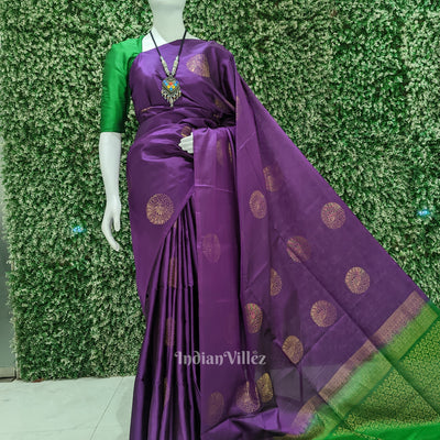 Deep Purple With Green Pure Kanjivaram Soft Silk Saree