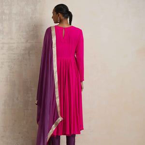 trueBrowns Pink Crinkle Anarkali Kurta Pant Dupatta Set