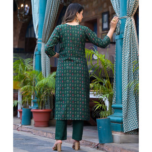 Bottle Green Floral Kantha Work Embroidered Chanderi Silk Salwar Suit