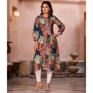 green-floral-printed-chanderi-silk-a-line-dress